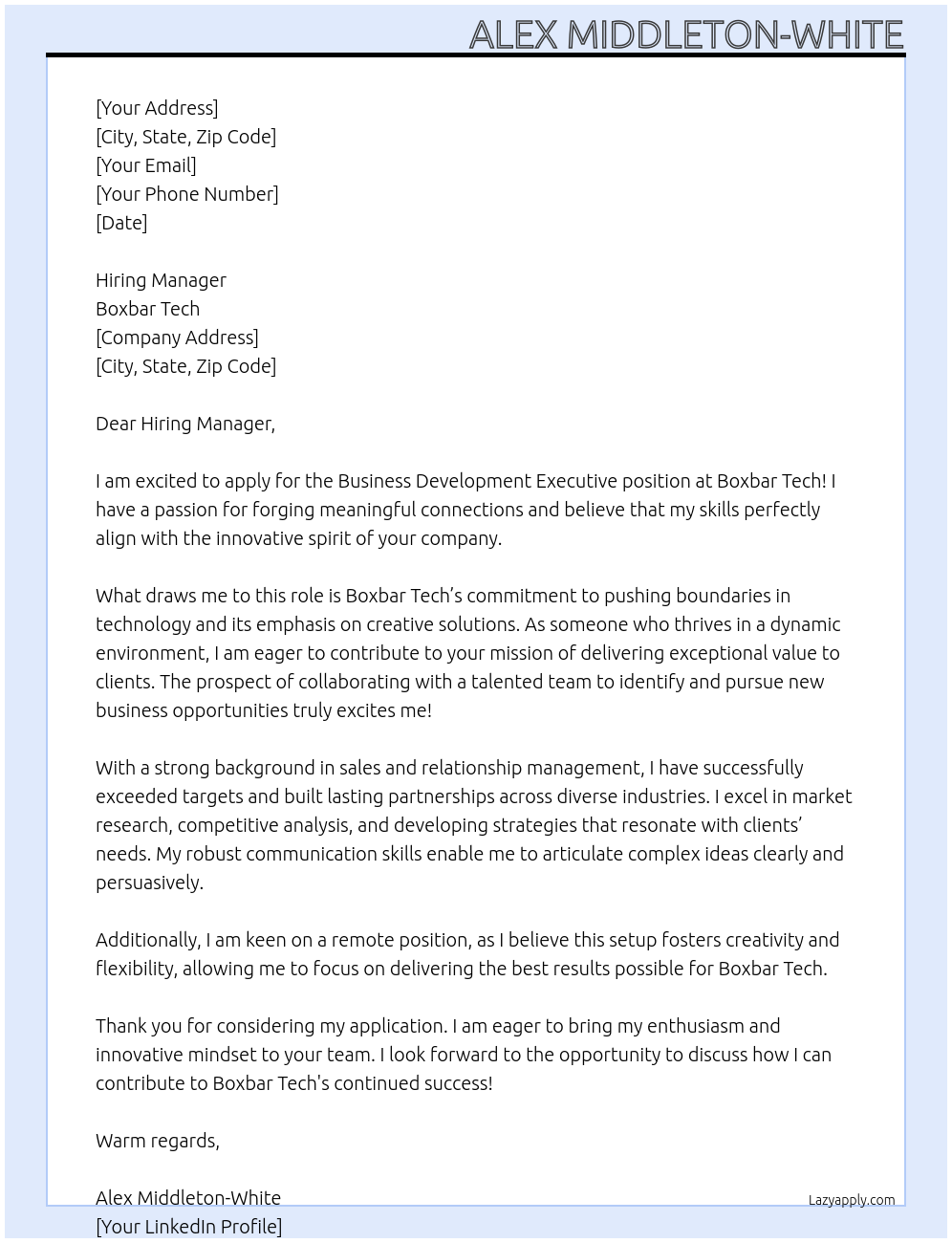 Business Development Executive At Boxbar Tech Cover Letter