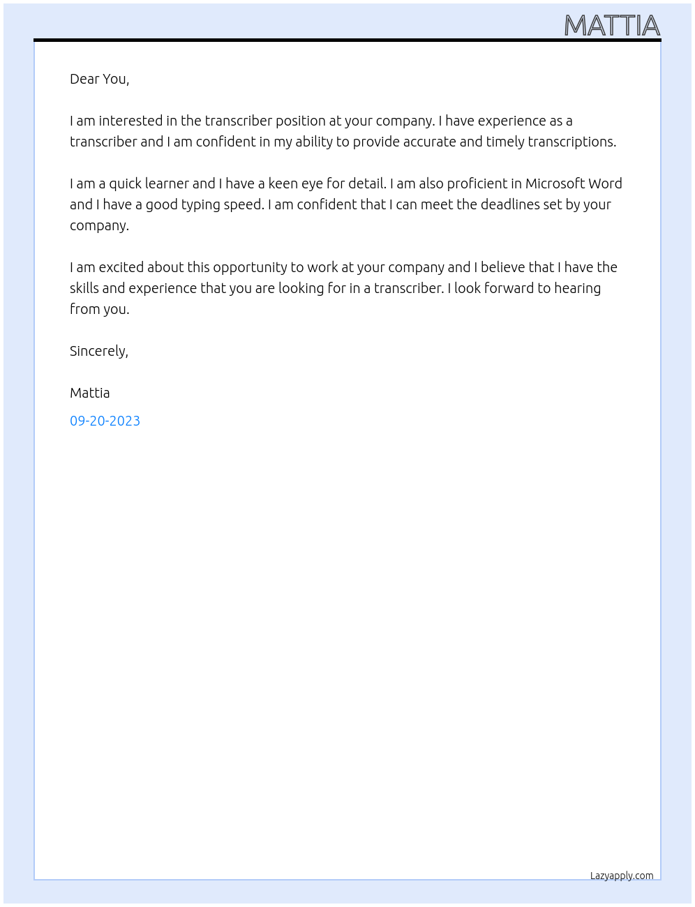 transcriber At you Cover Letter