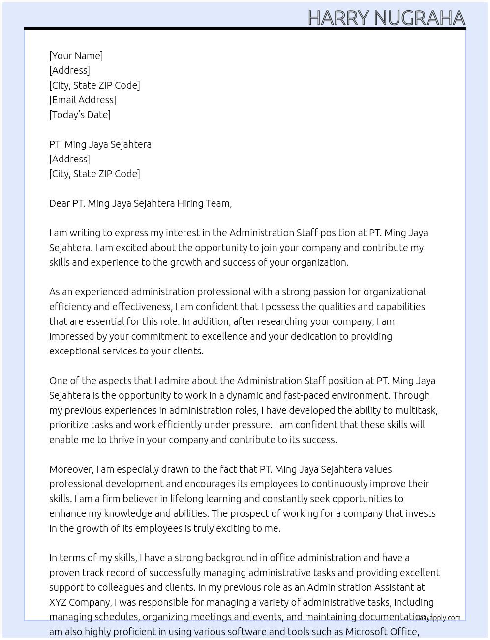 administration staff At PT. Ming Jaya sejahtera Cover Letter