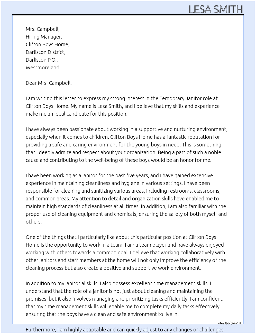 Janitor At Clifton Boys Home Cover Letter