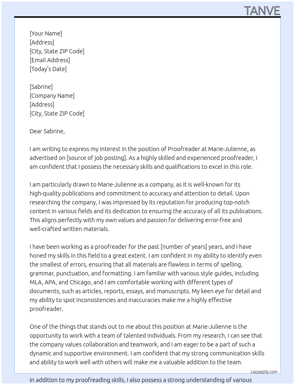 Proof reader At Marie-Julienne, Cover Letter