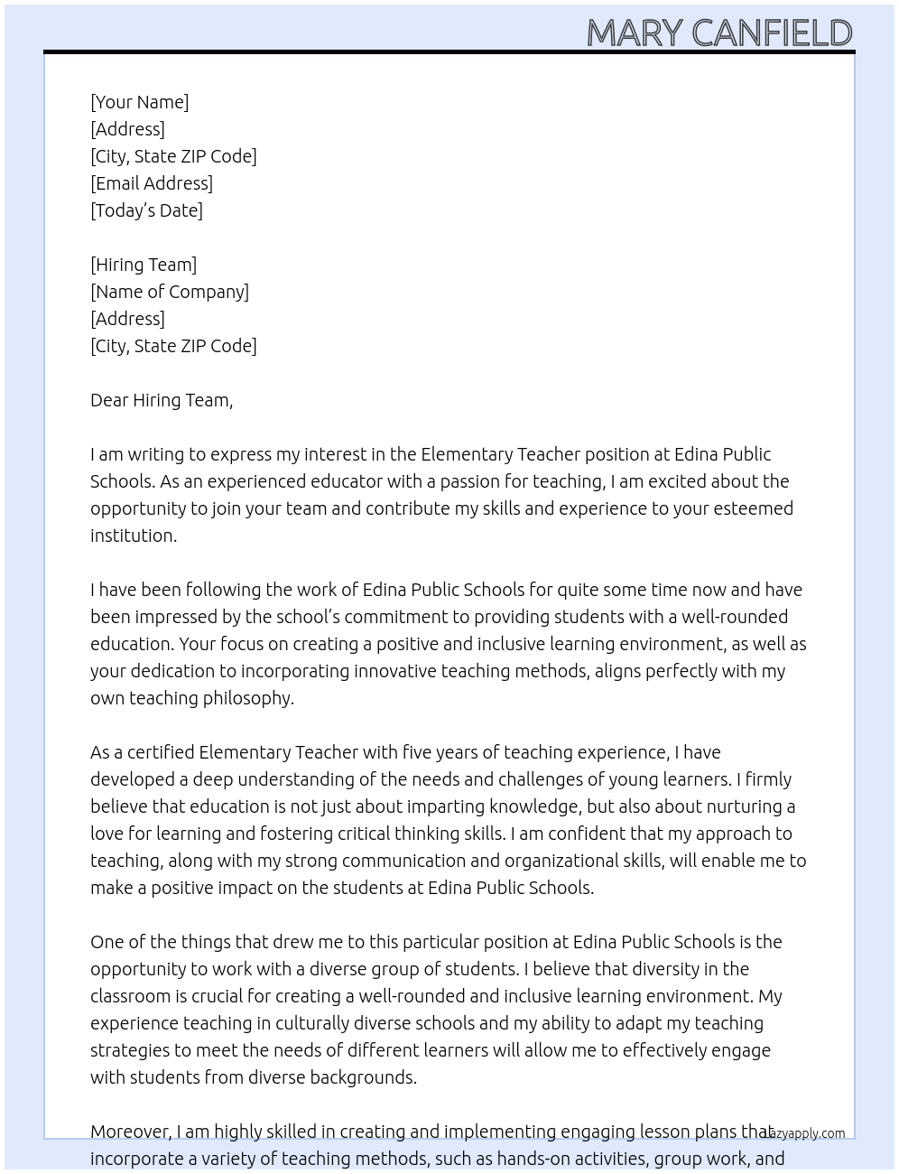 Elementary Teacher At Edina Public Schools Cover Letter
