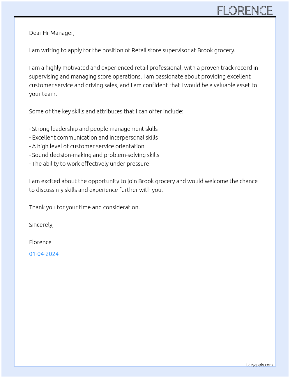 Retail store supervisor  At Brook grocery  Cover Letter