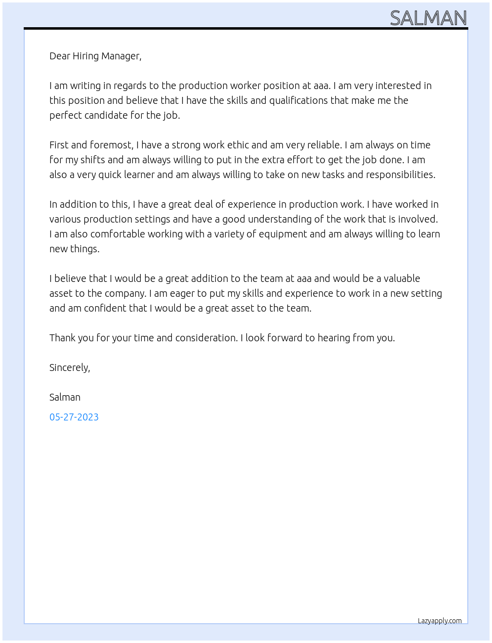 Production worker At aaa Cover Letter