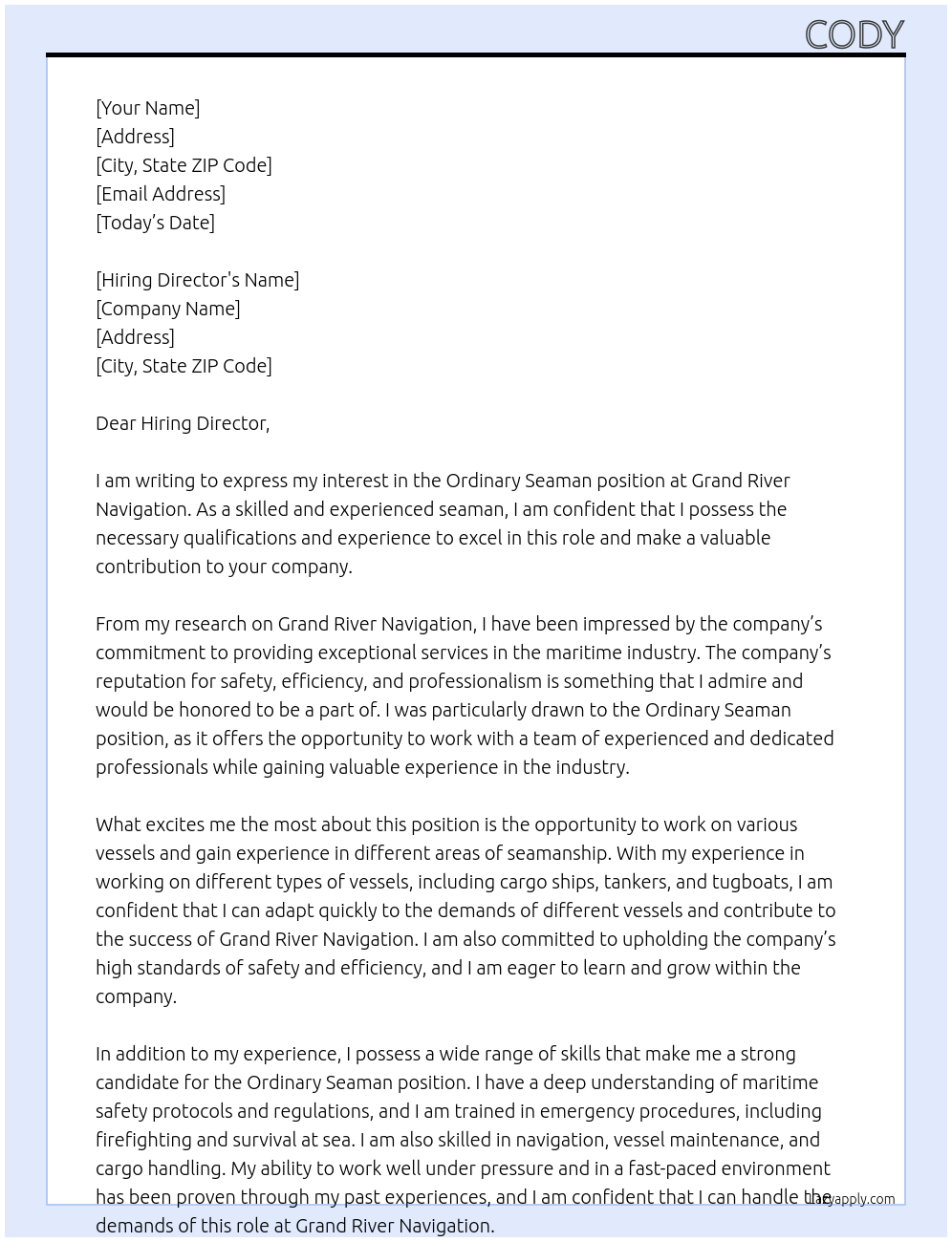 Ordinary Seaman At Grand River Navigation Cover Letter