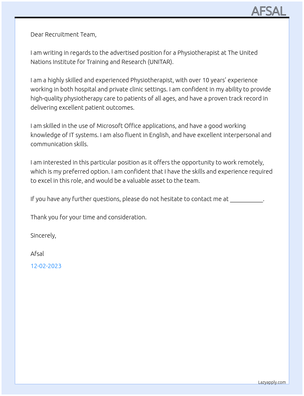 Physiotherapist  At The United Nations Institute for Training and Research Cover Letter