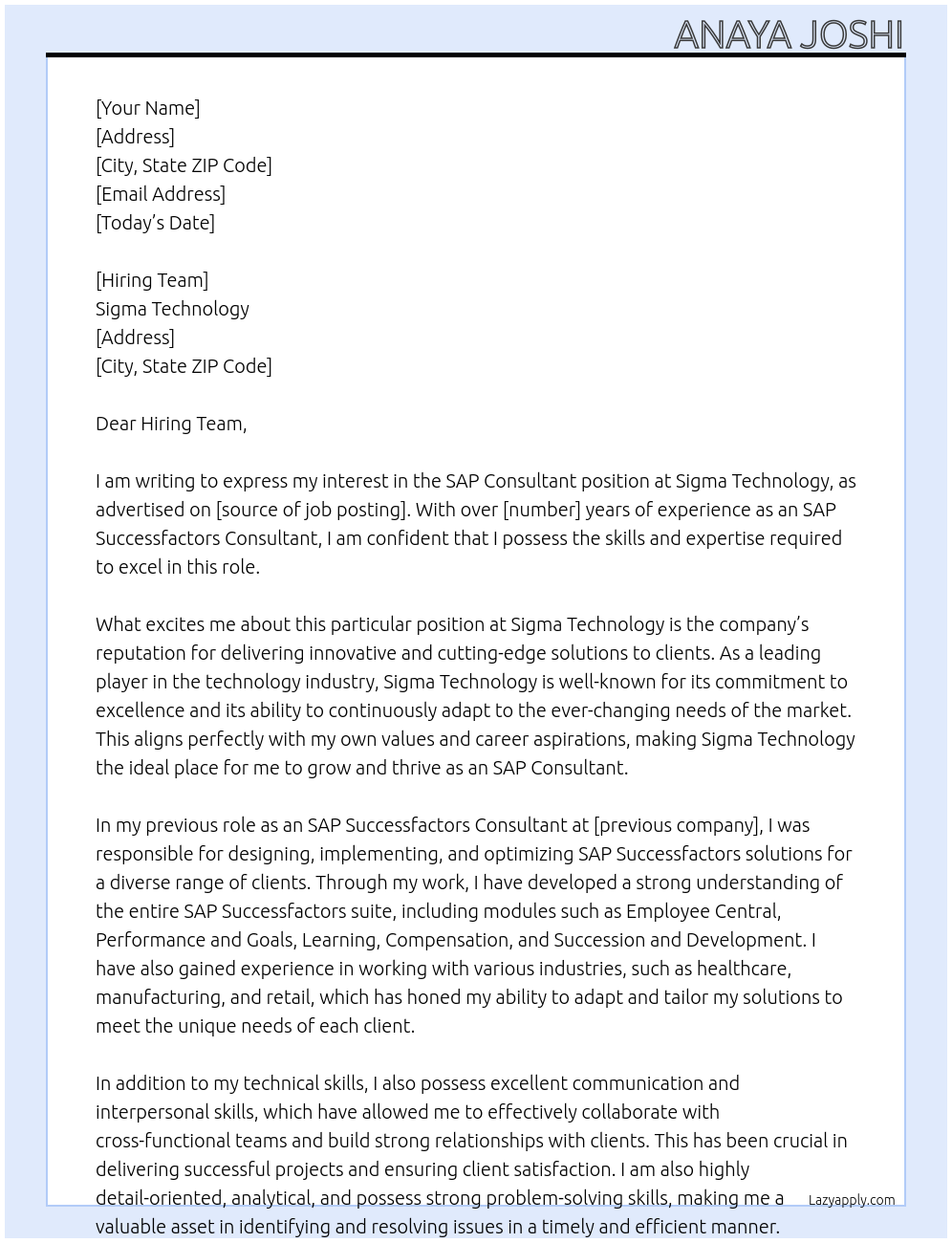 SAP Consultant At Sigma Technology Cover Letter