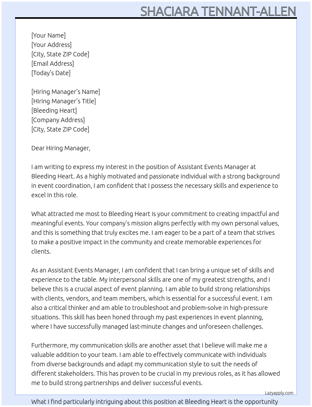 Assistant Events Manager At Bleeding heart Cover Letter