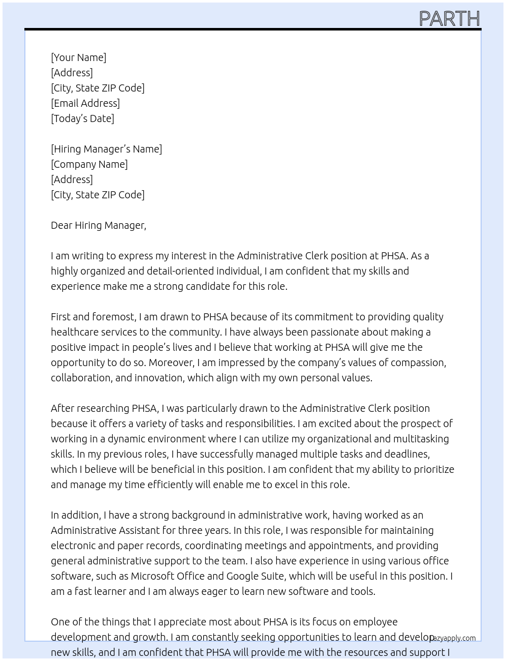 Administrative Clerk At PHSA Cover Letter