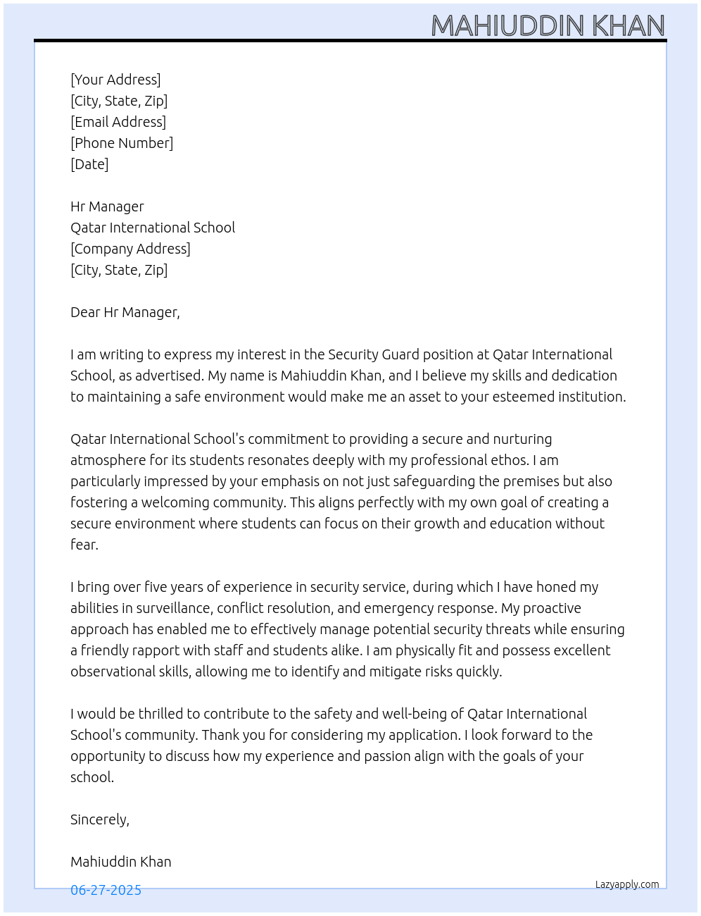 Security Guard At Qatar International School Cover Letter
