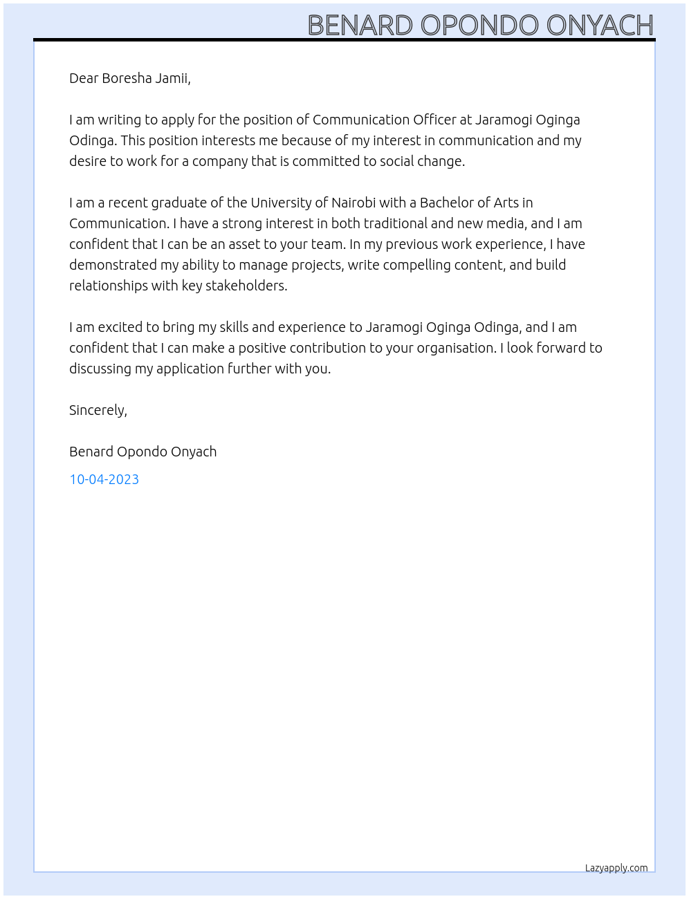 Communication Officer At Jaramogi Oginga Odinga Cover Letter