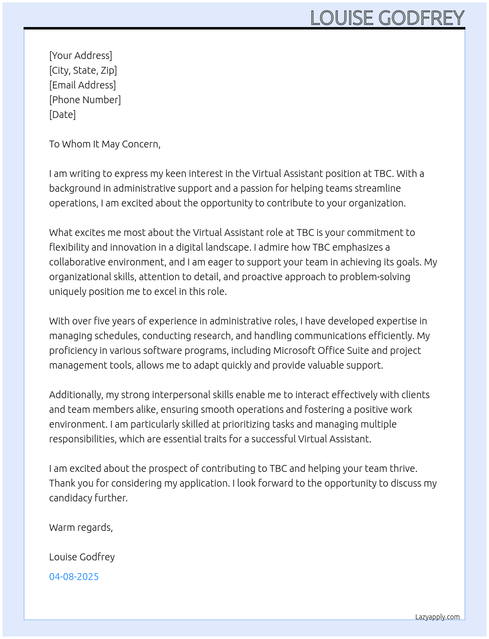 VIRTUAL ASSISTANT At TBC Cover Letter