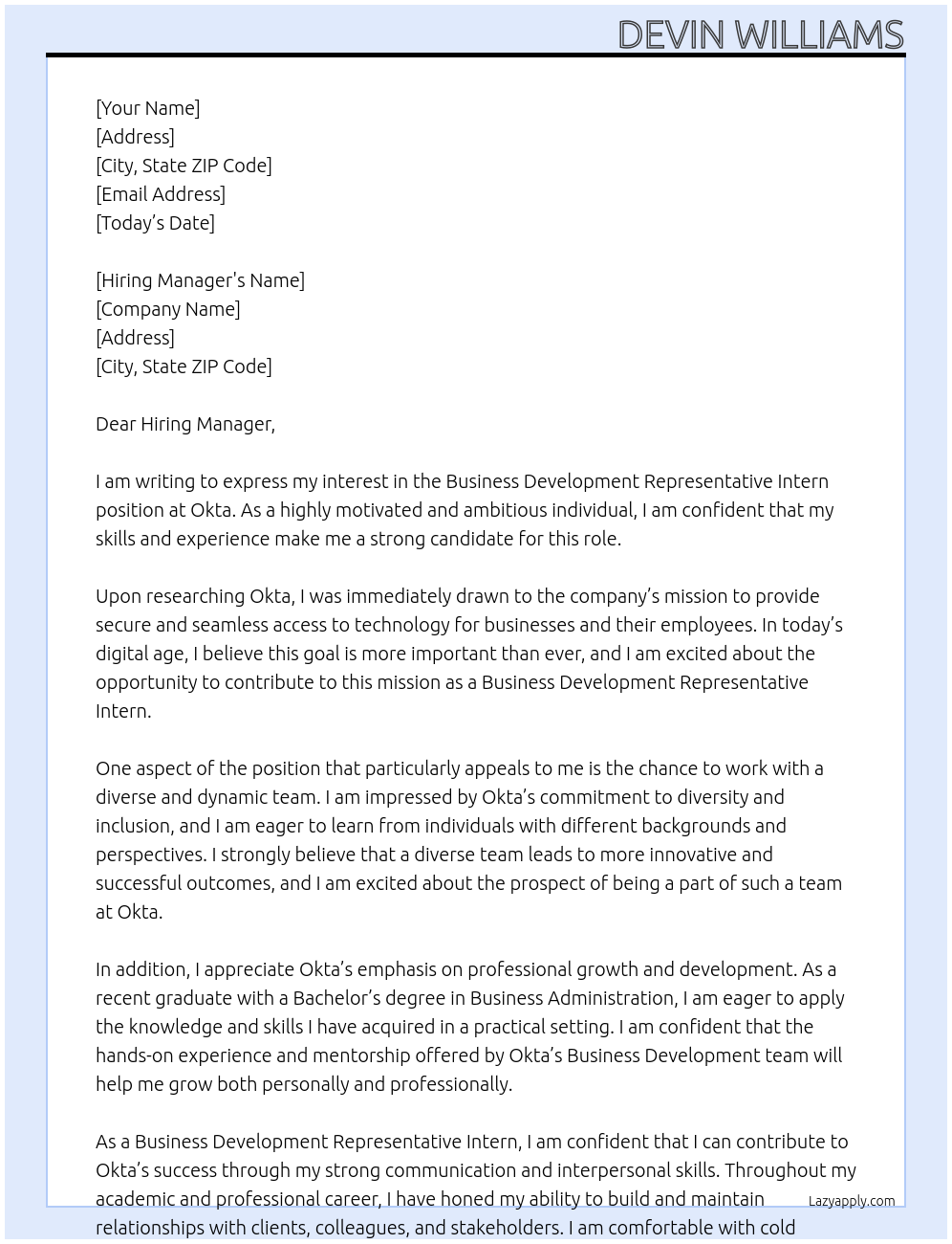 Business Development Representative Intern At okta Cover Letter