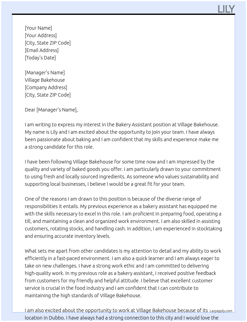 Bakery assistant At Village bakehouse Cover Letter