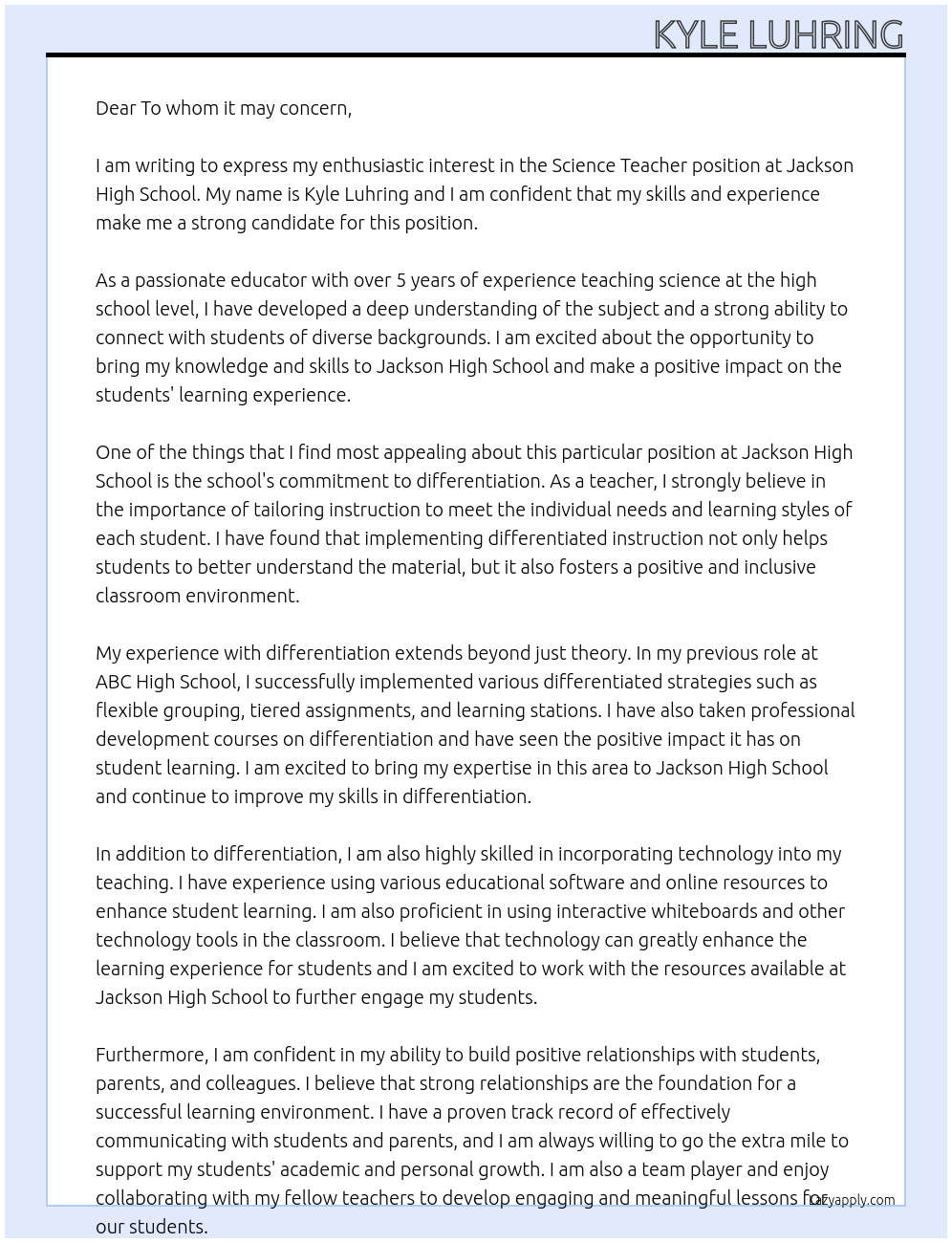 Science Teacher At Jackson High School Cover Letter