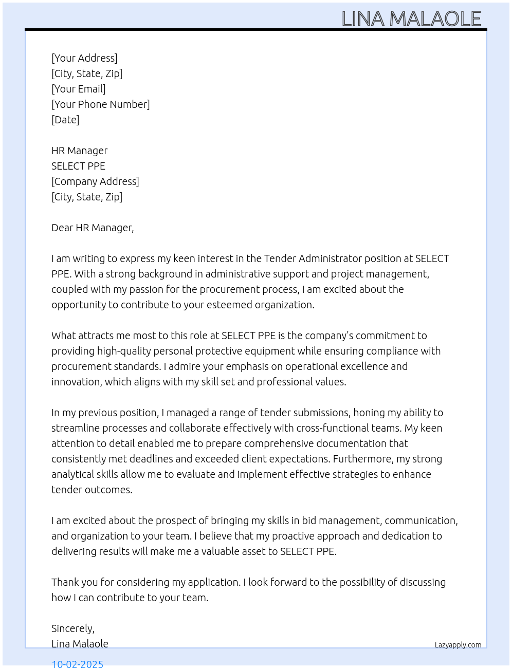 Cover letter for tender administrator - LazyApply
