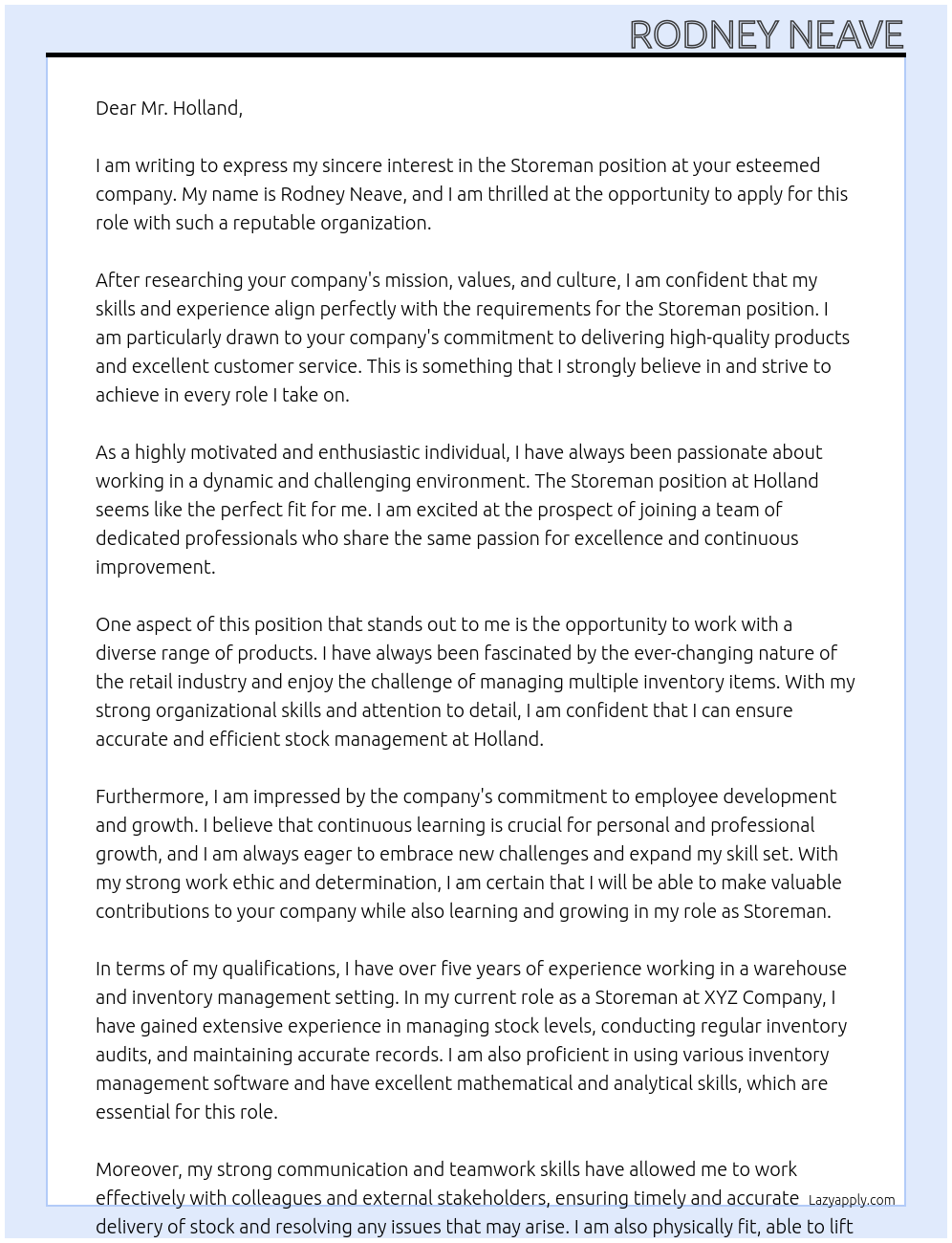 Storeman At Holland Cover Letter