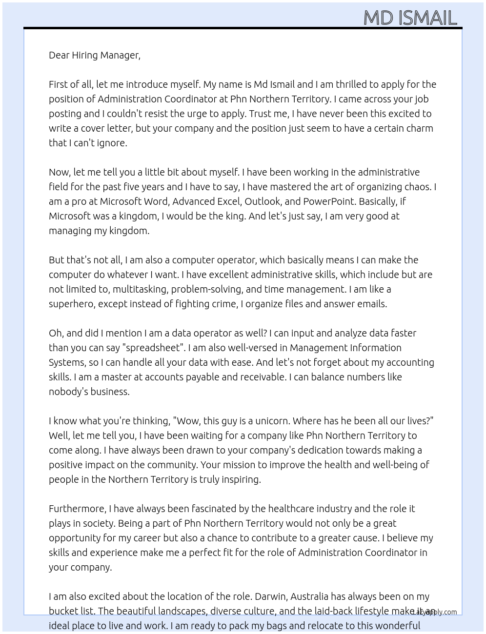 Administration Coordinator At Phn Northern Territory Cover Letter