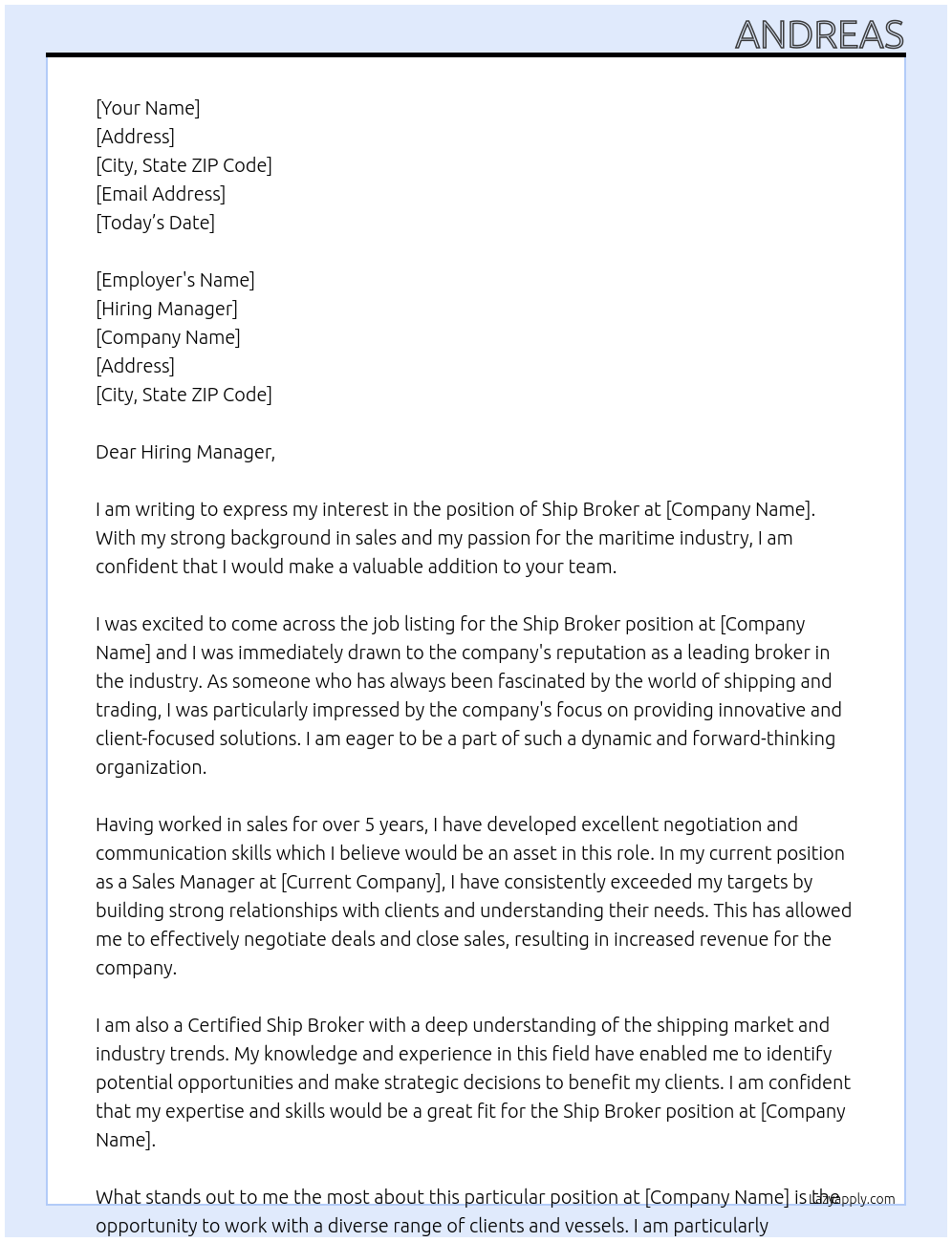 ship broker At ba Cover Letter