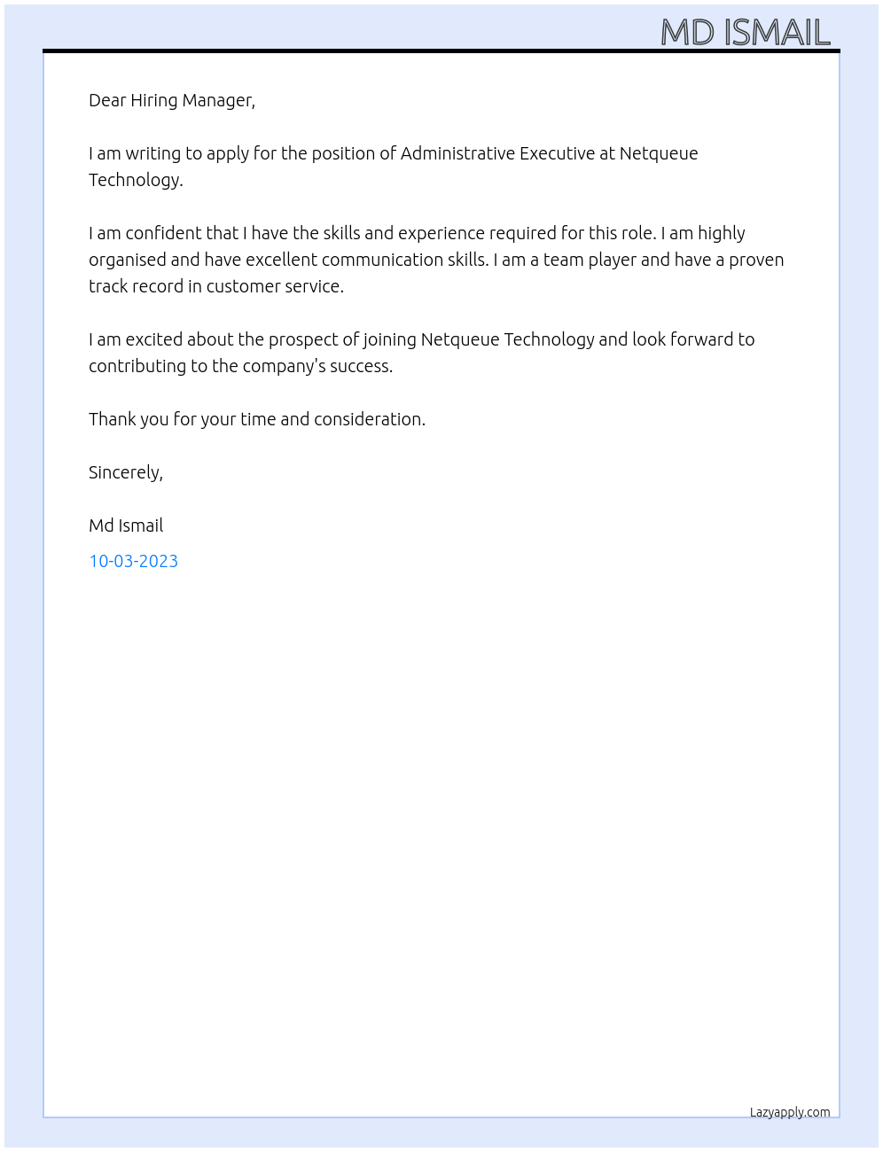 Administrative Executive At Netqueue Technology Cover Letter