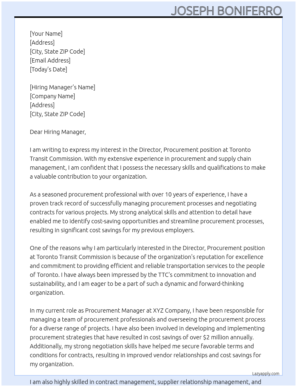 Director, Procurement At Toronto Transit Commision Cover Letter