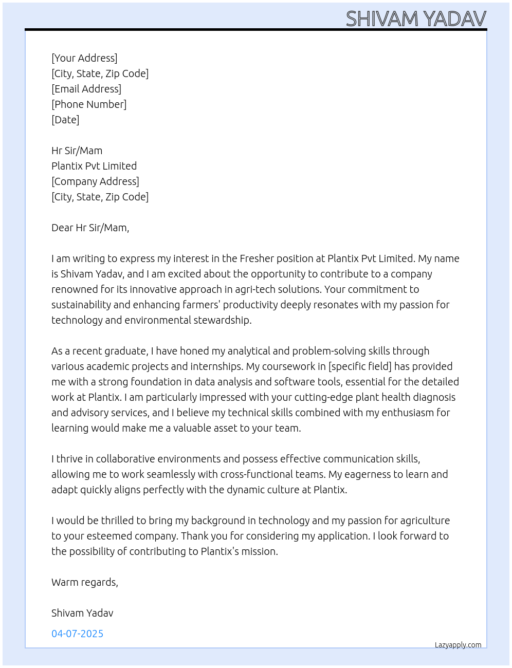 Fresher At Plantix pvt limited Cover Letter