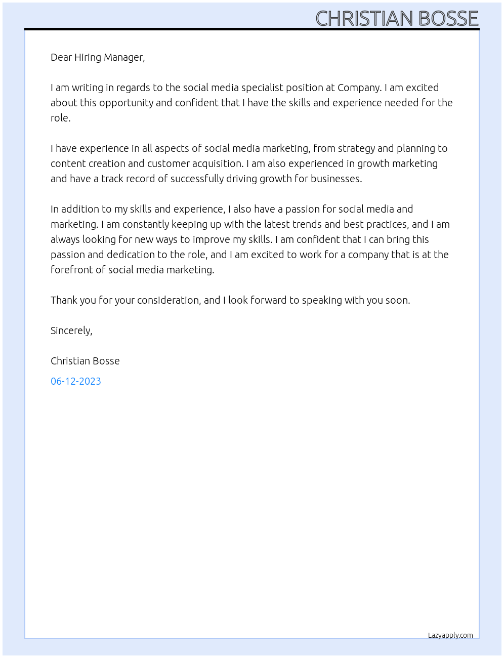 social media specialist At Company Cover Letter