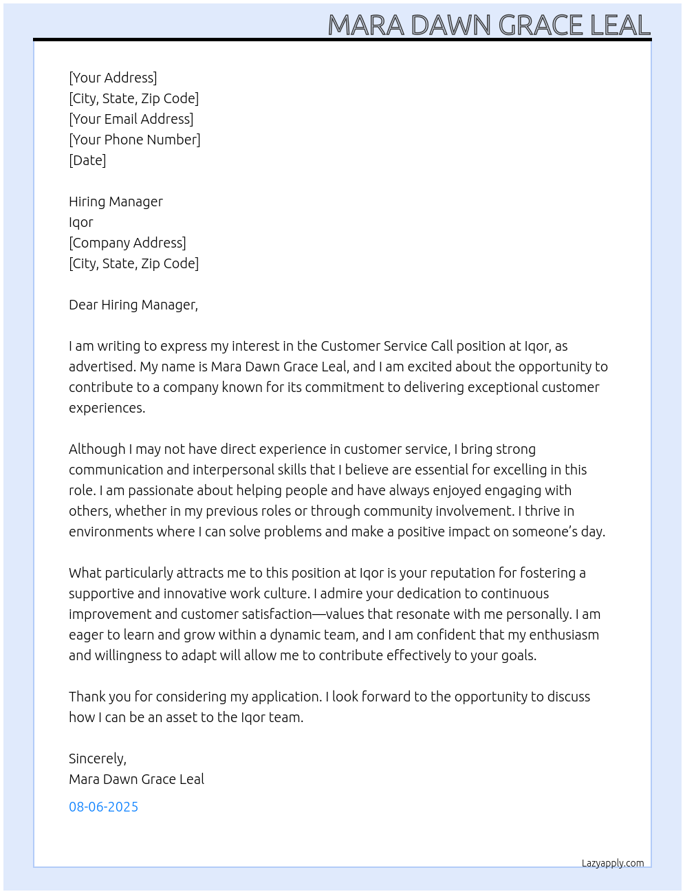 Costumer Service Call At Iqor Cover Letter