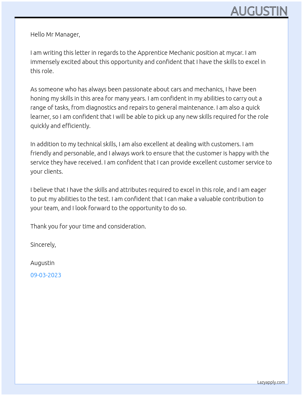 Apprentice Mechanic At mycar Cover Letter