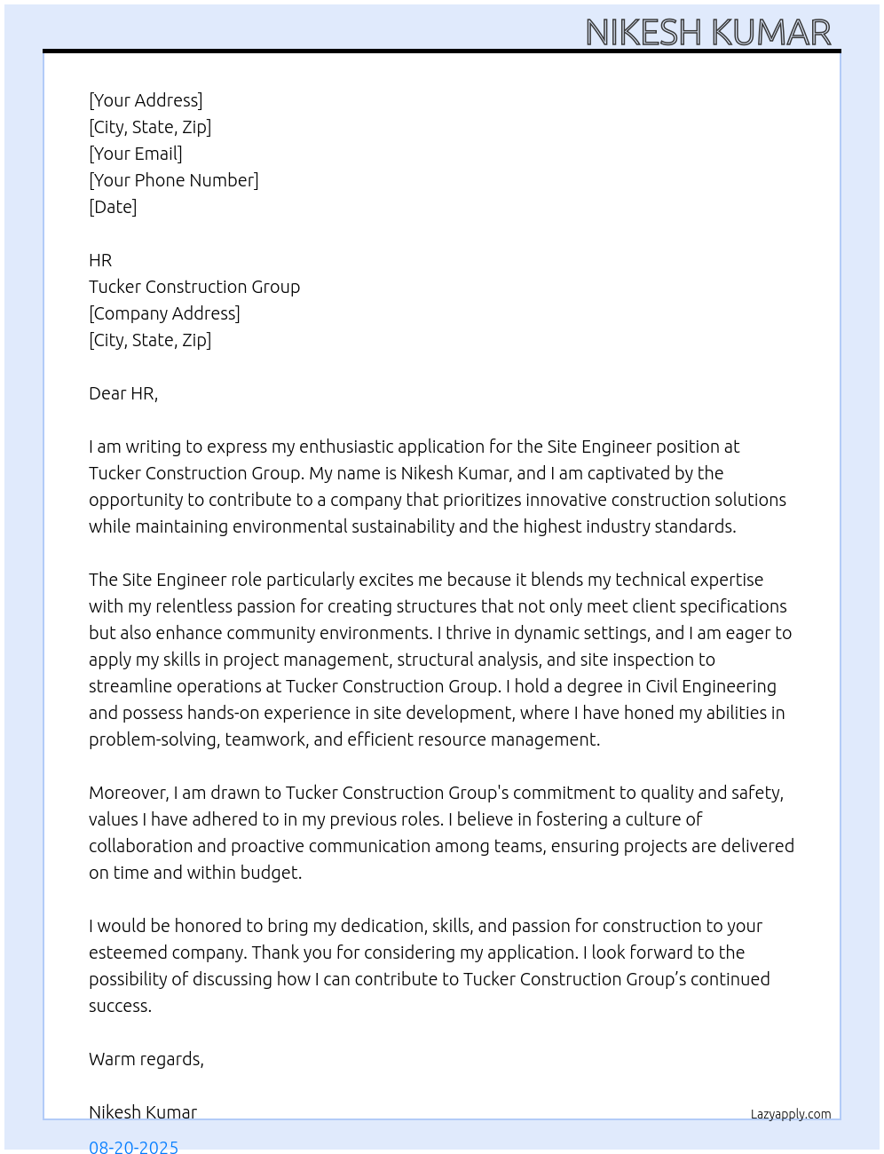 Site Engineer At Tucker Construction Group Cover Letter