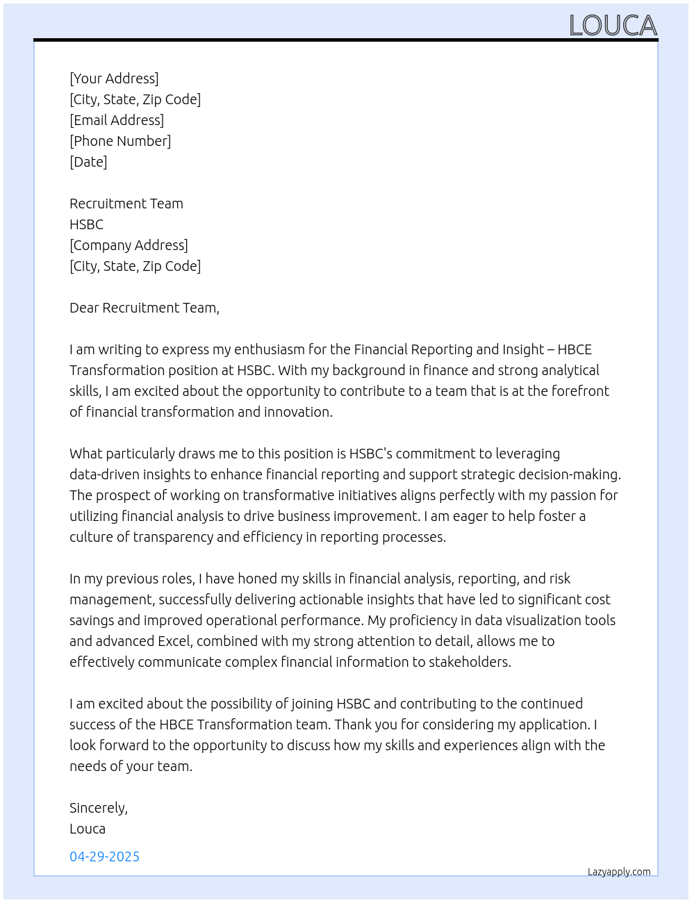 Financial Reporting and Insight – HBCE Transformation position At HSBC Cover Letter