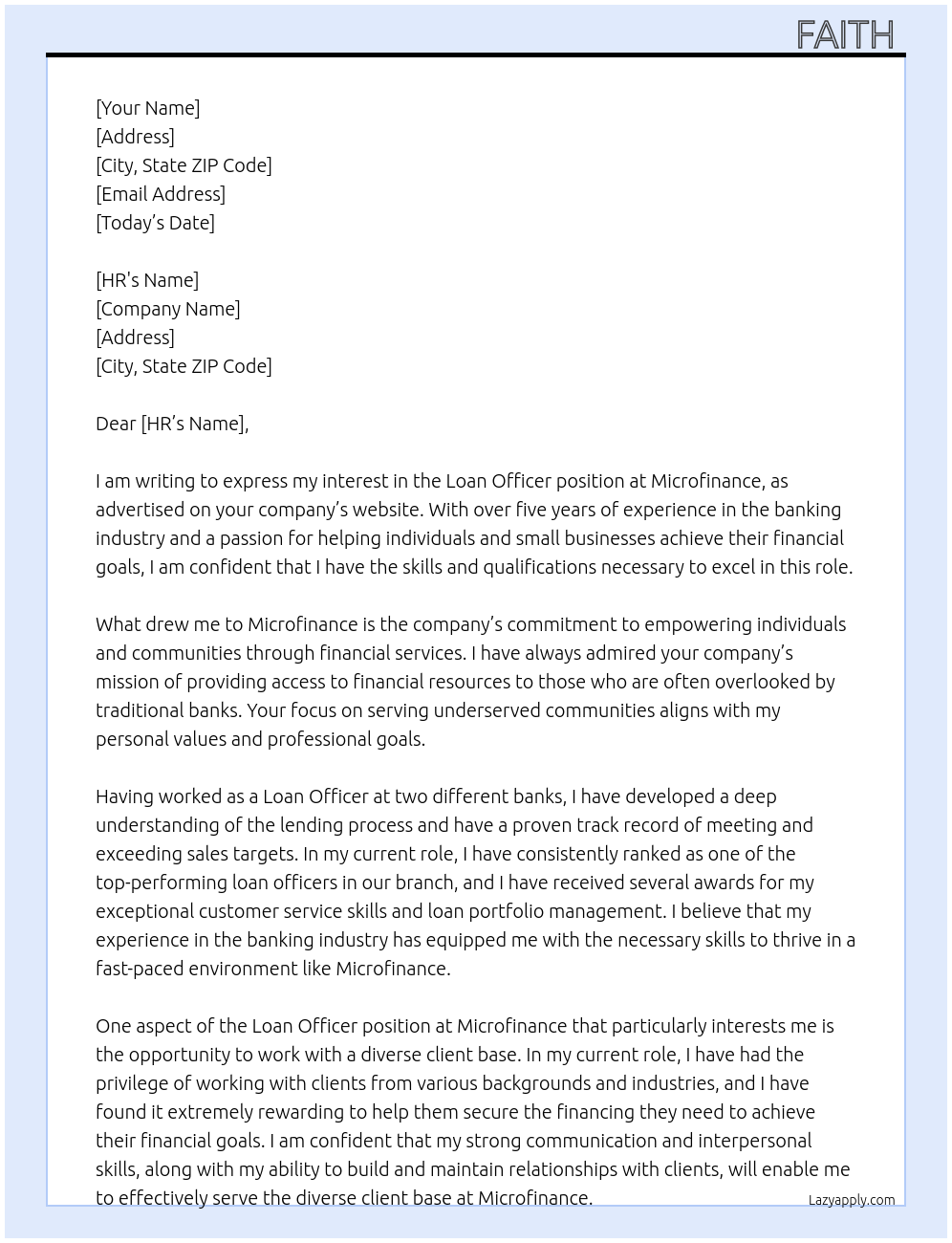 Loan officer At Microfinance Cover Letter