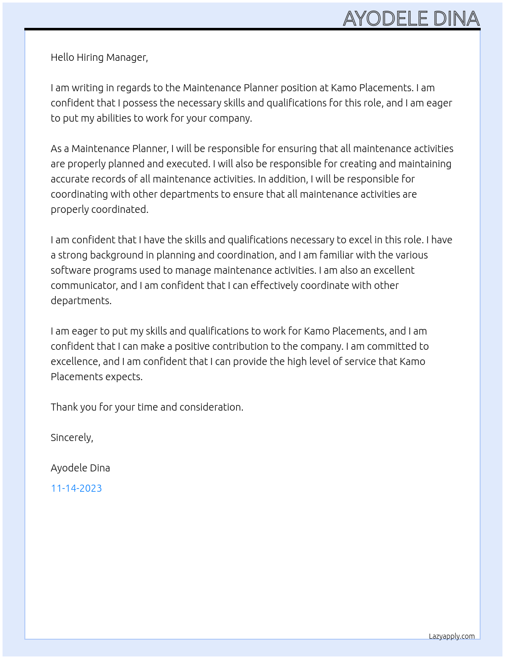 Maintenance planner At Kamo Placements Cover Letter