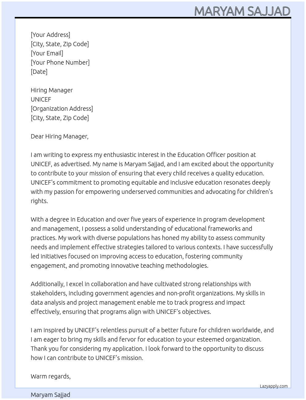 Education Officer At UNICEF Cover Letter