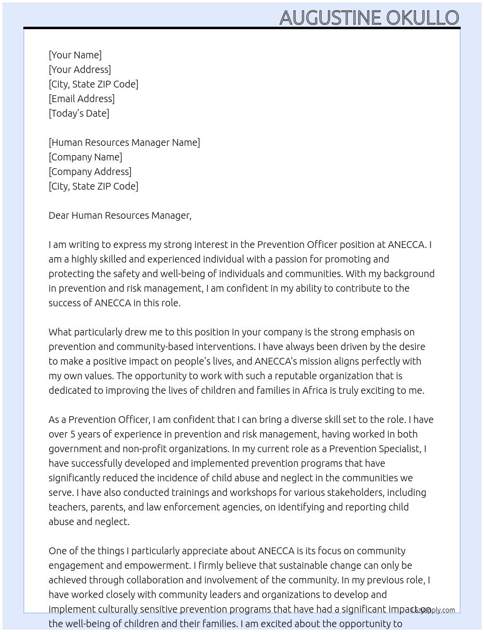 Prevention Officer At ANECCA Cover Letter