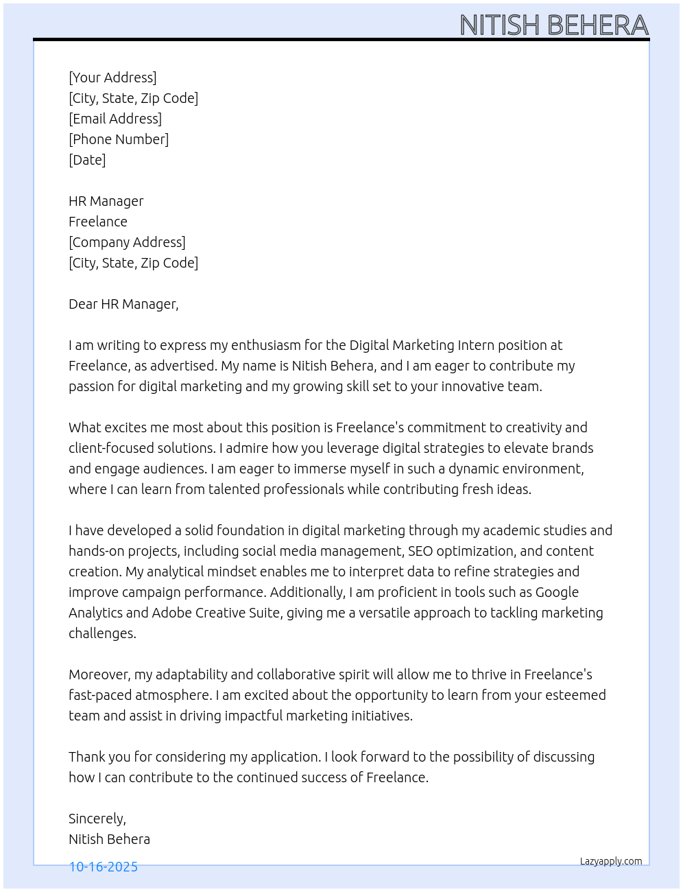 Digital marketing intern At Freelance Cover Letter