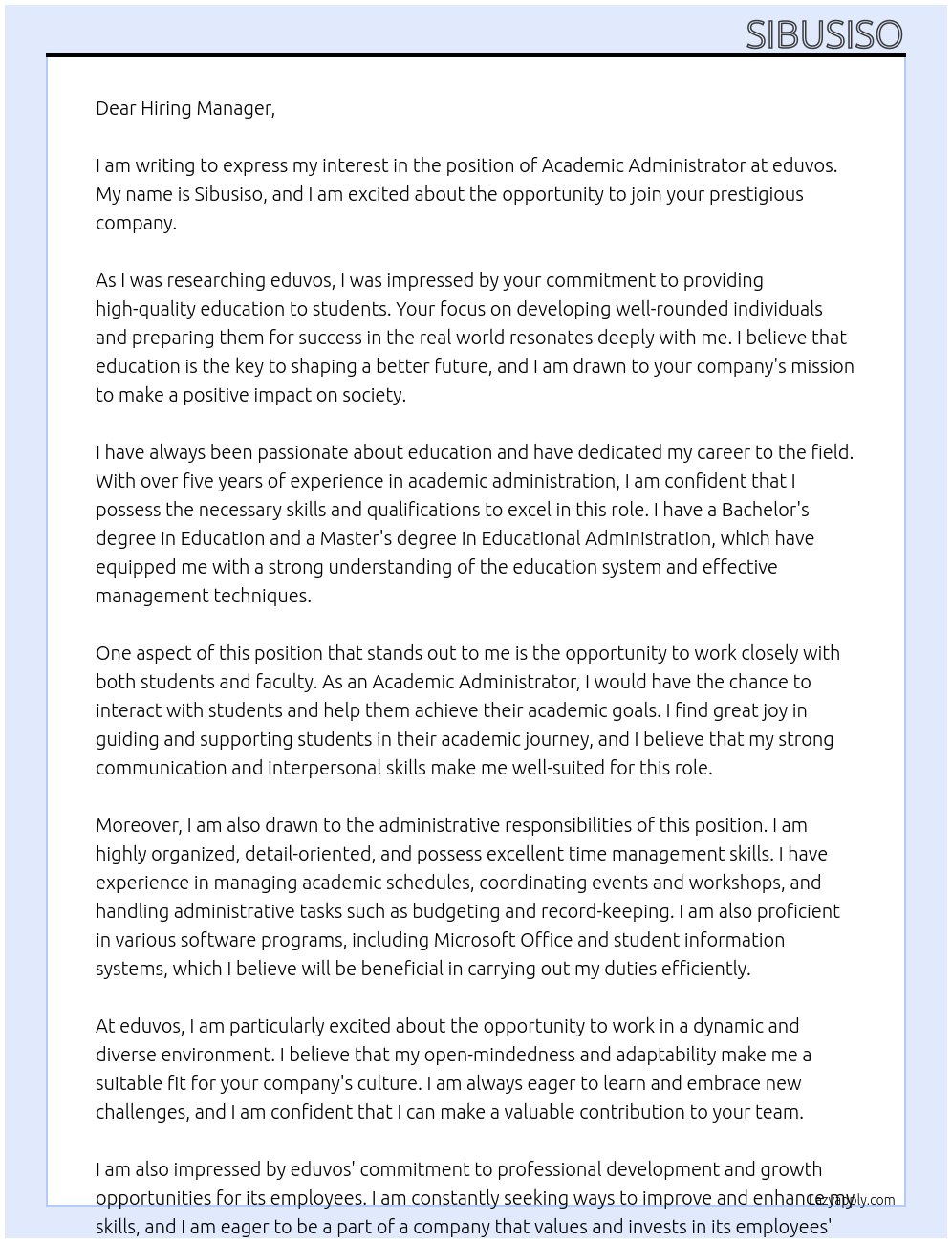Academic Administrator At eduvos Cover Letter