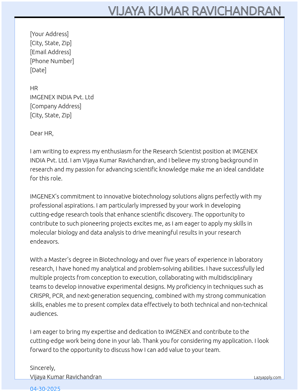 Cover letter for research scientist - LazyApply