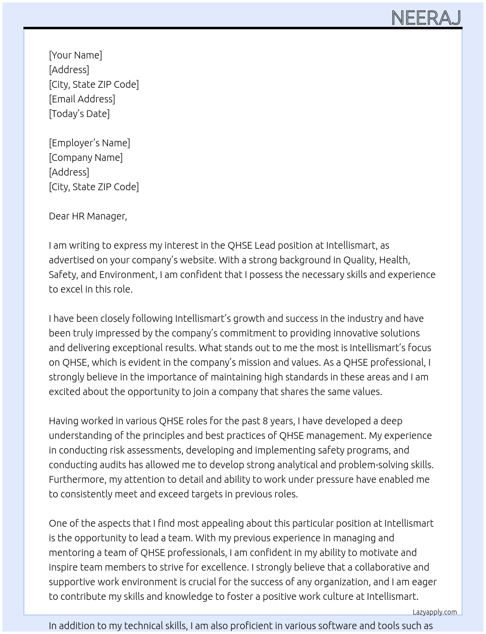 QHSE LEAD At Intellismart Cover Letter