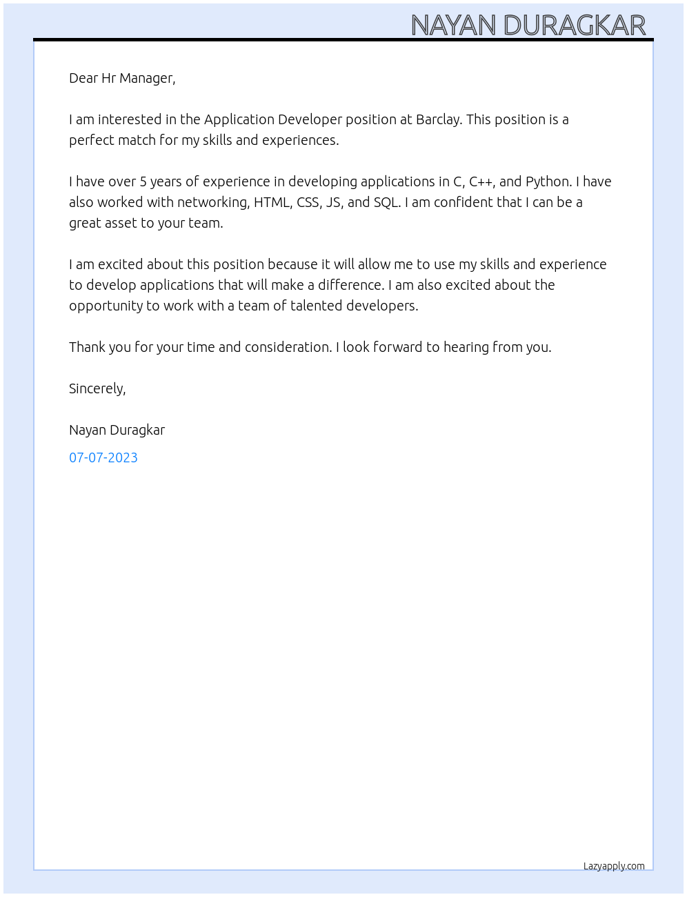Application Developer At Barclay Cover Letter