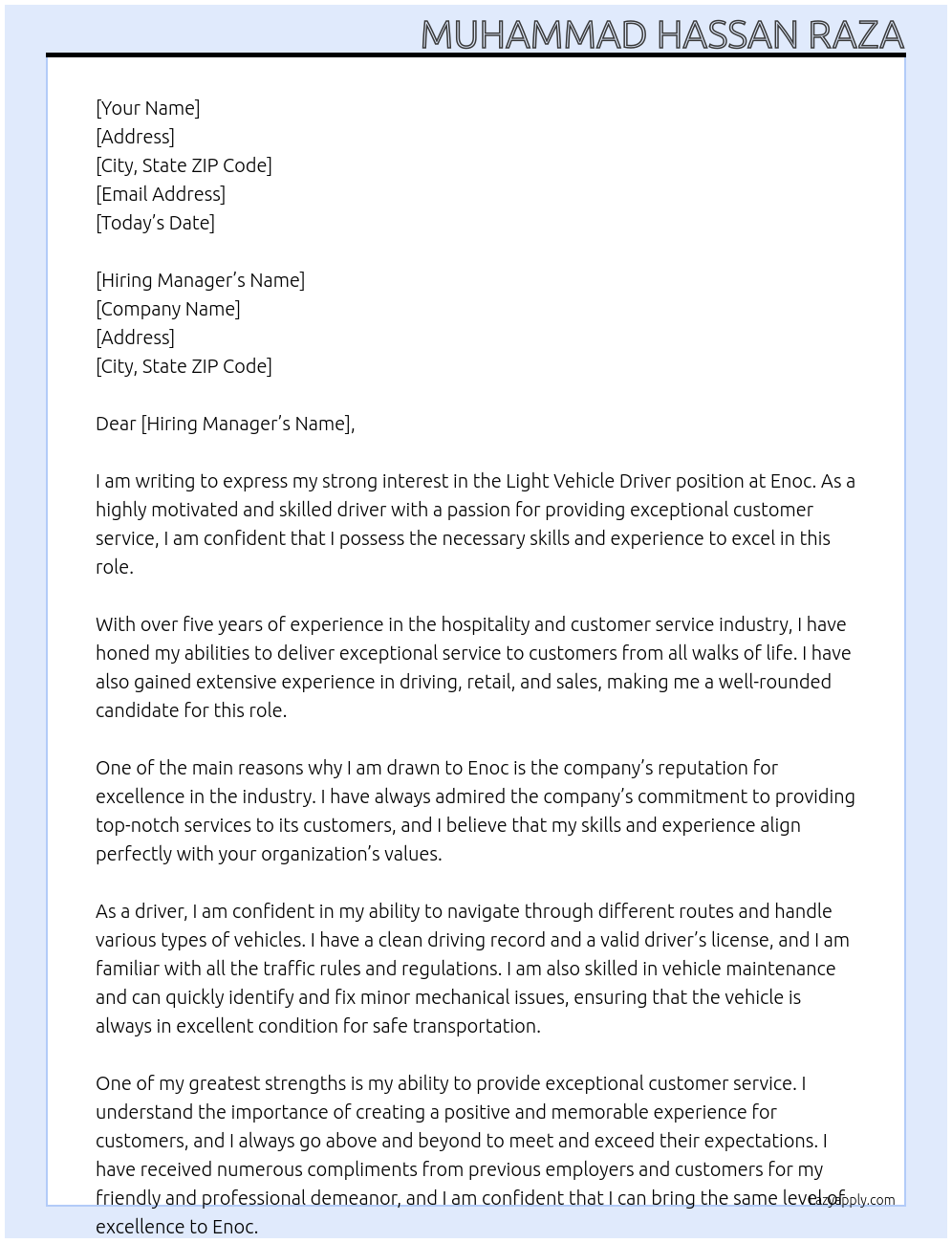 Light vehicle driver At Enoc Cover Letter