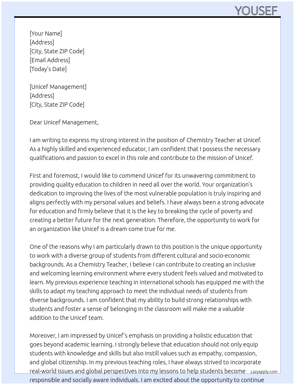 Chemistry Teacher  At Unicef  Cover Letter
