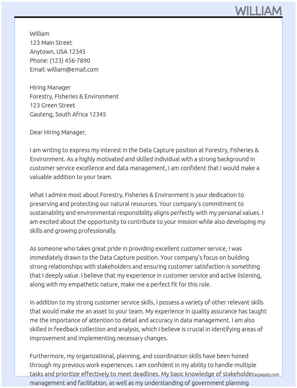 Data Capture At Forestry,fisheries & environment Cover Letter