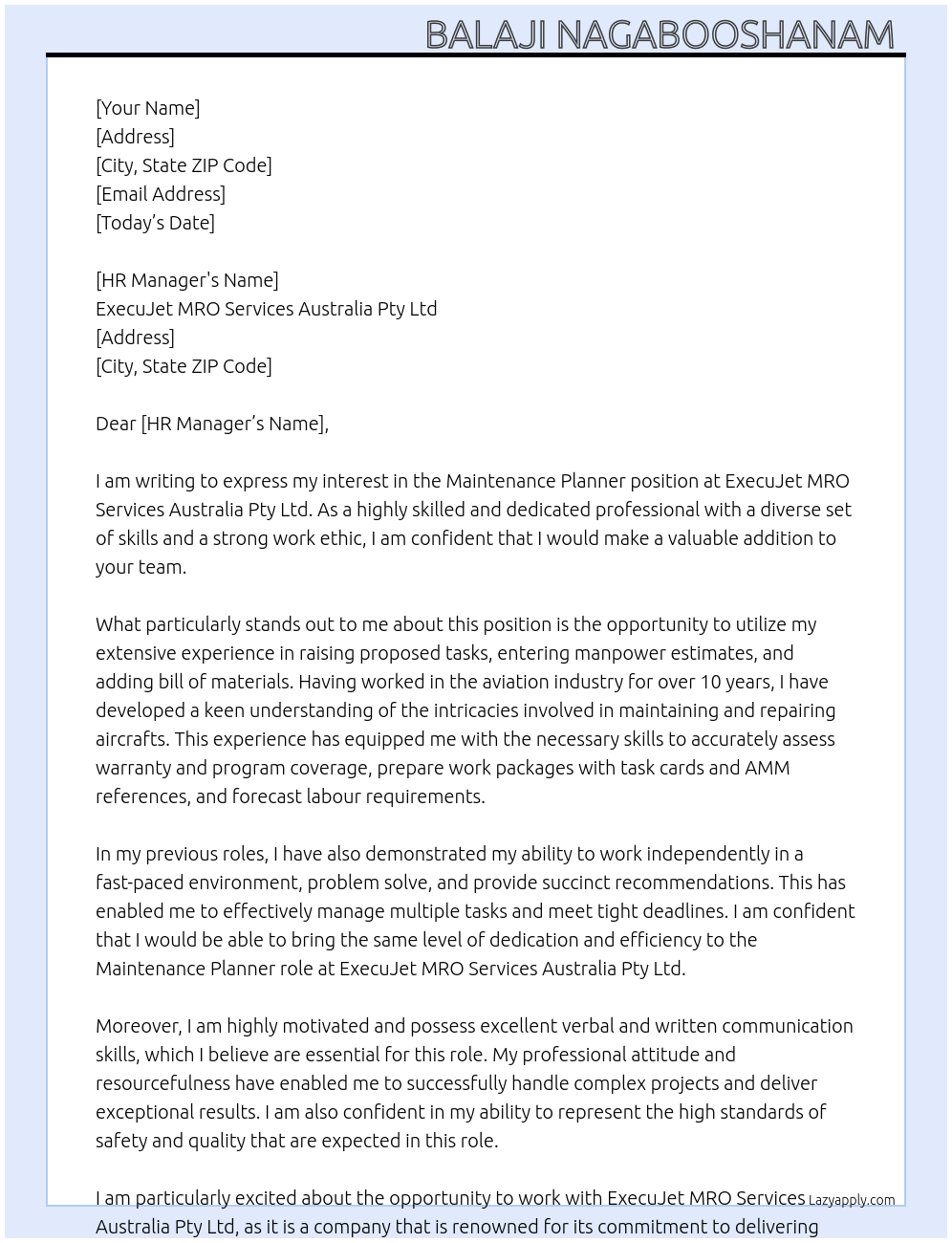 Maintenance Planner At ExecuJet MRO Services Australia Pty Ltd Cover Letter