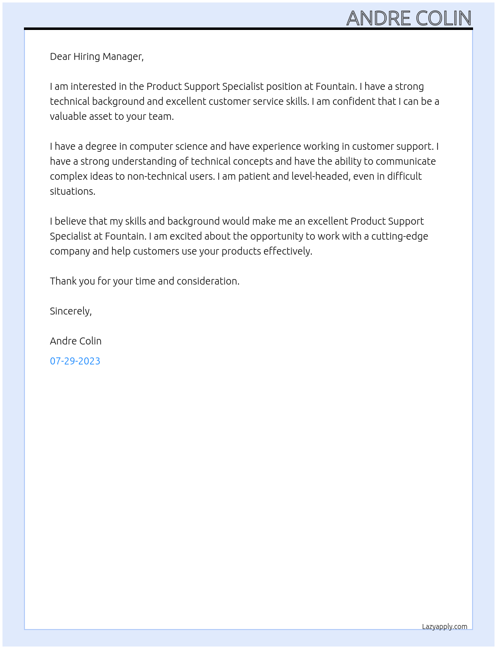 Product Support Specialist At Fountain Cover Letter