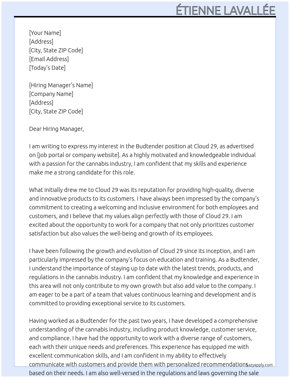 Budtender At Cloud 29 Cover Letter
