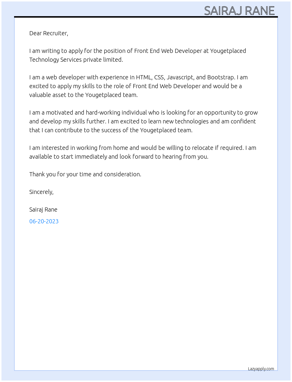 Front end web developer  At Yougetplaced Technology Services private limited  Cover Letter