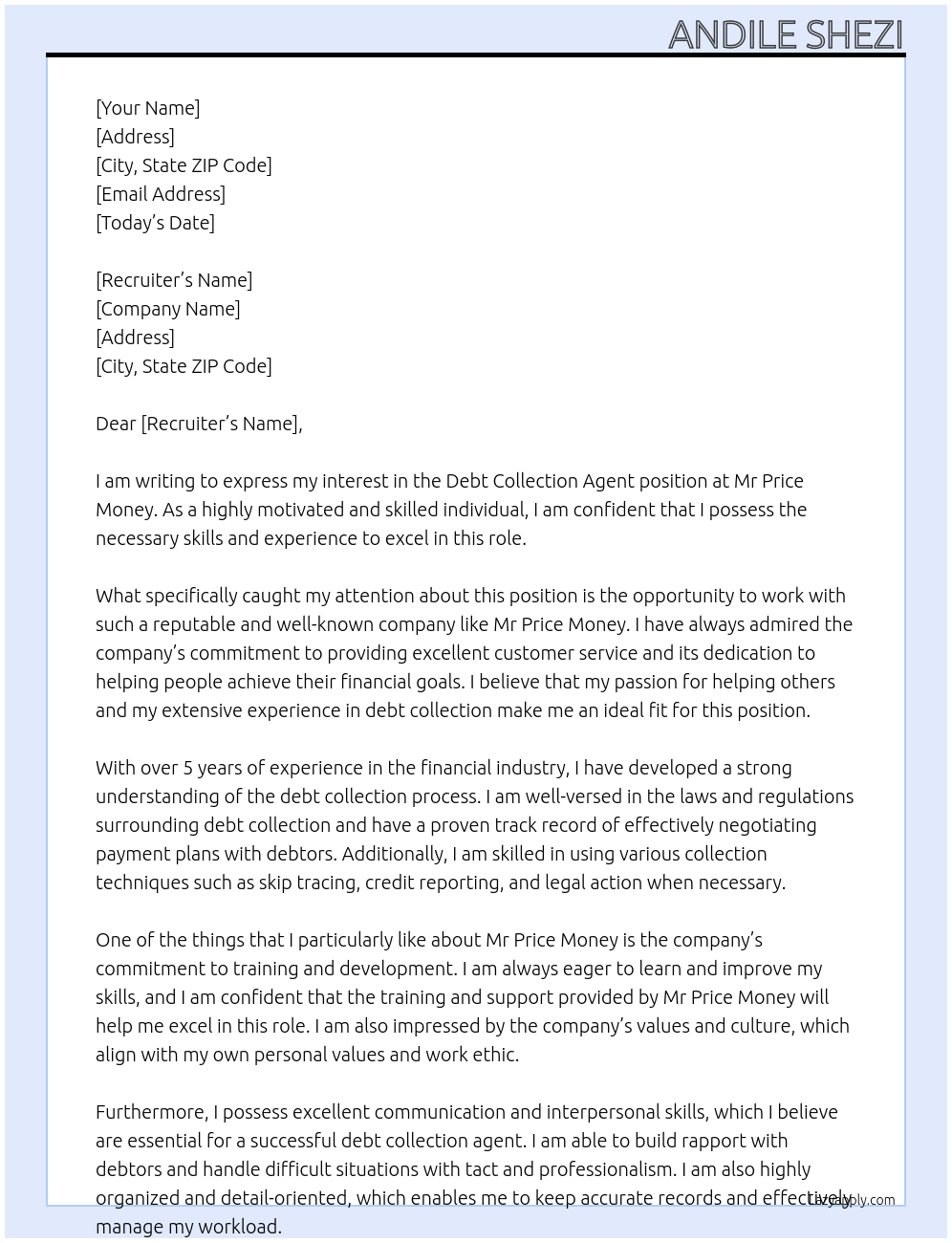 Cover letter for debt collection agent - LazyApply