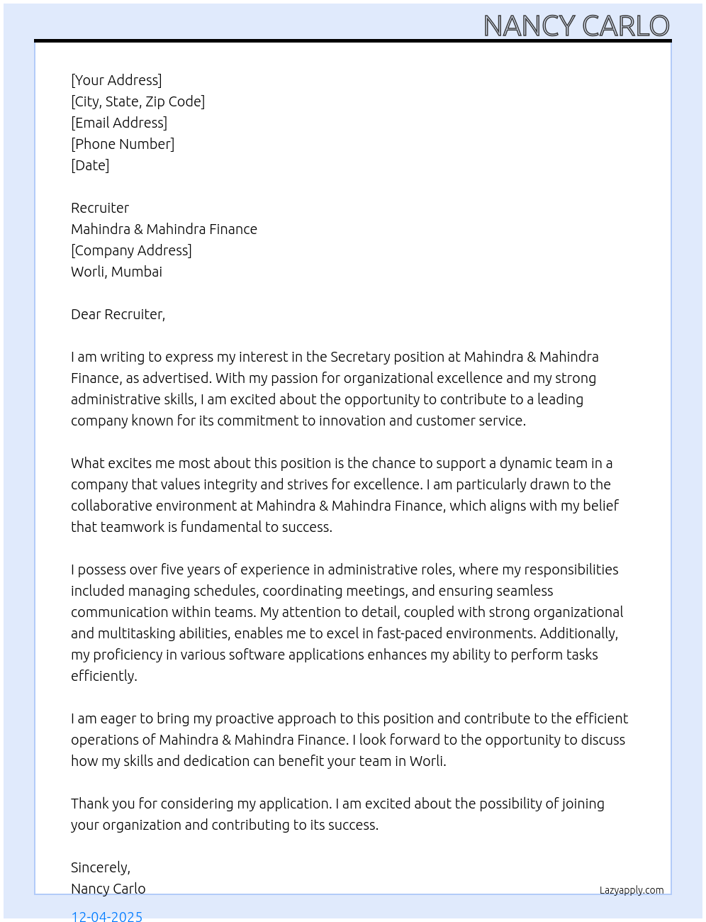 Cover letter for secretary - LazyApply