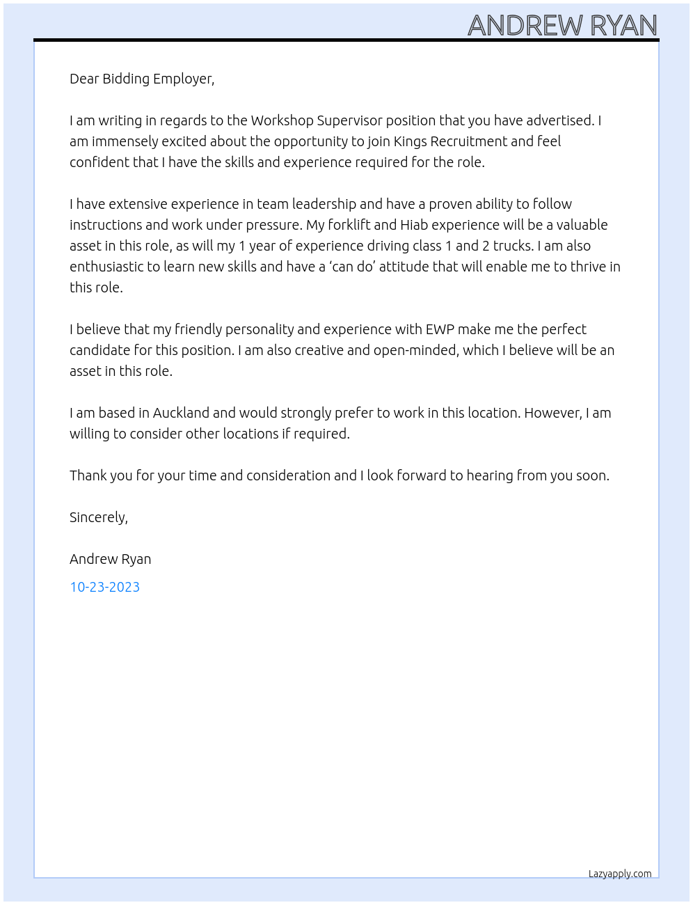 Workshop Supervisor At Kings Recruitment Cover Letter